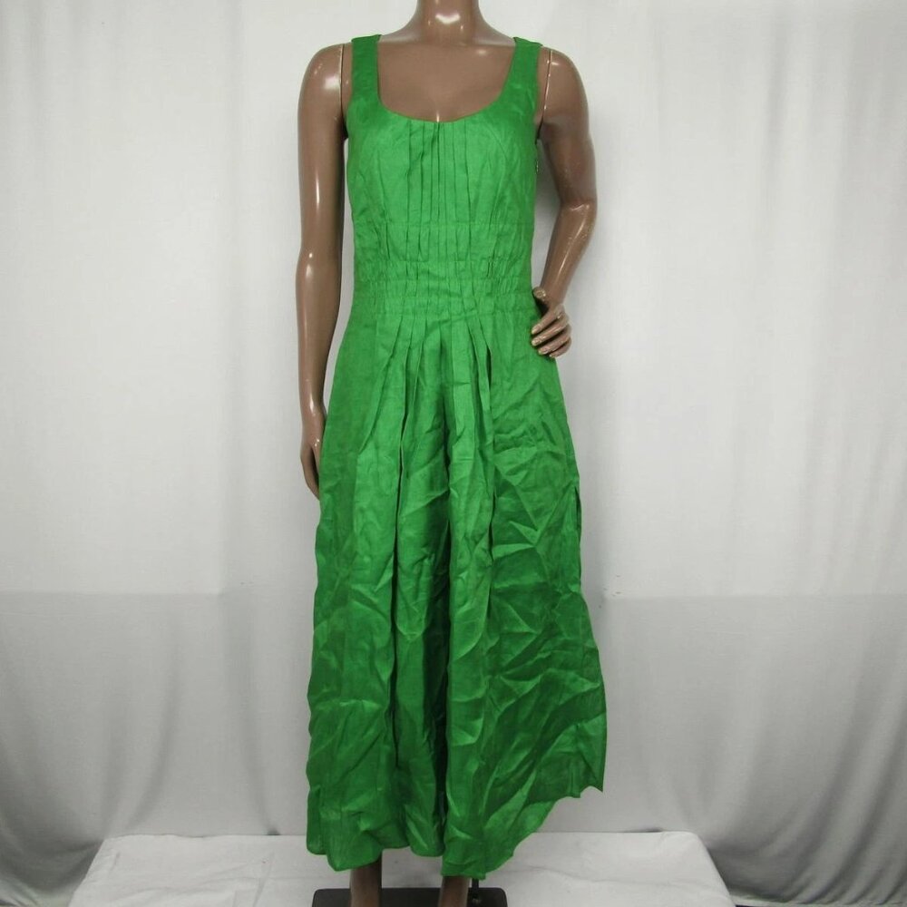 Tory Burch Women's Pleated Linen Midi Dress Bright Leaf Green Size 0